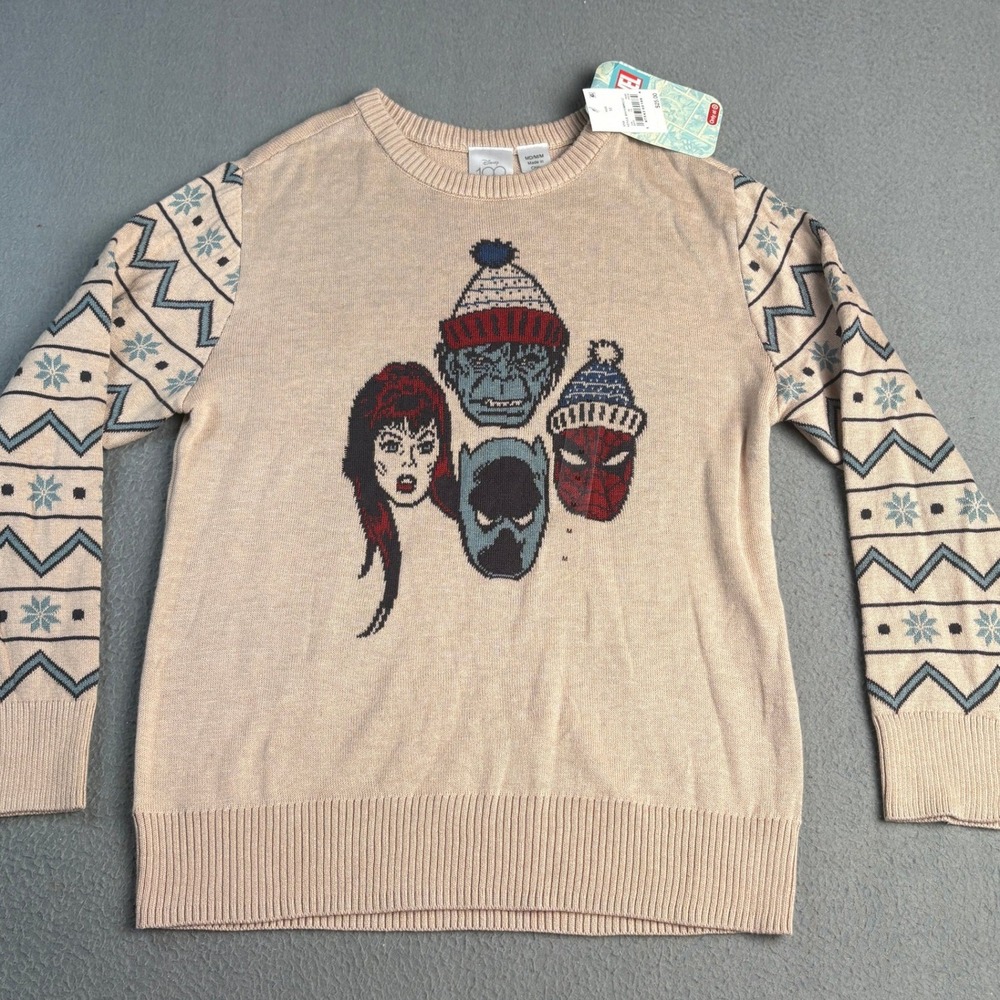 Disney 100 Marvel Super Heroes Holiday Sweater Tan Knit Mens Medium DS1V009YLC